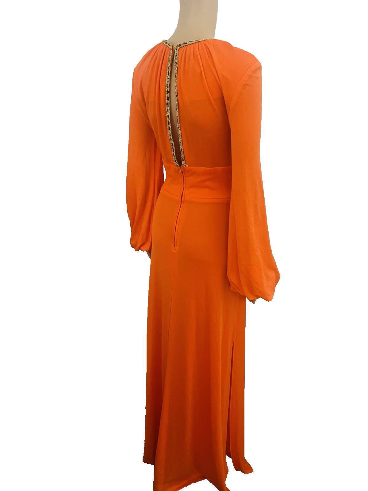 VTG 70s Funky Mod Orange Belted Maxi Dress Sexy Plunging Keyhole Front/Back Med
