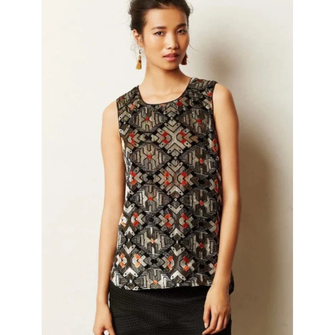 Anthropologie Meadow Rue art deco black gold velvet mixed tank blouse L
