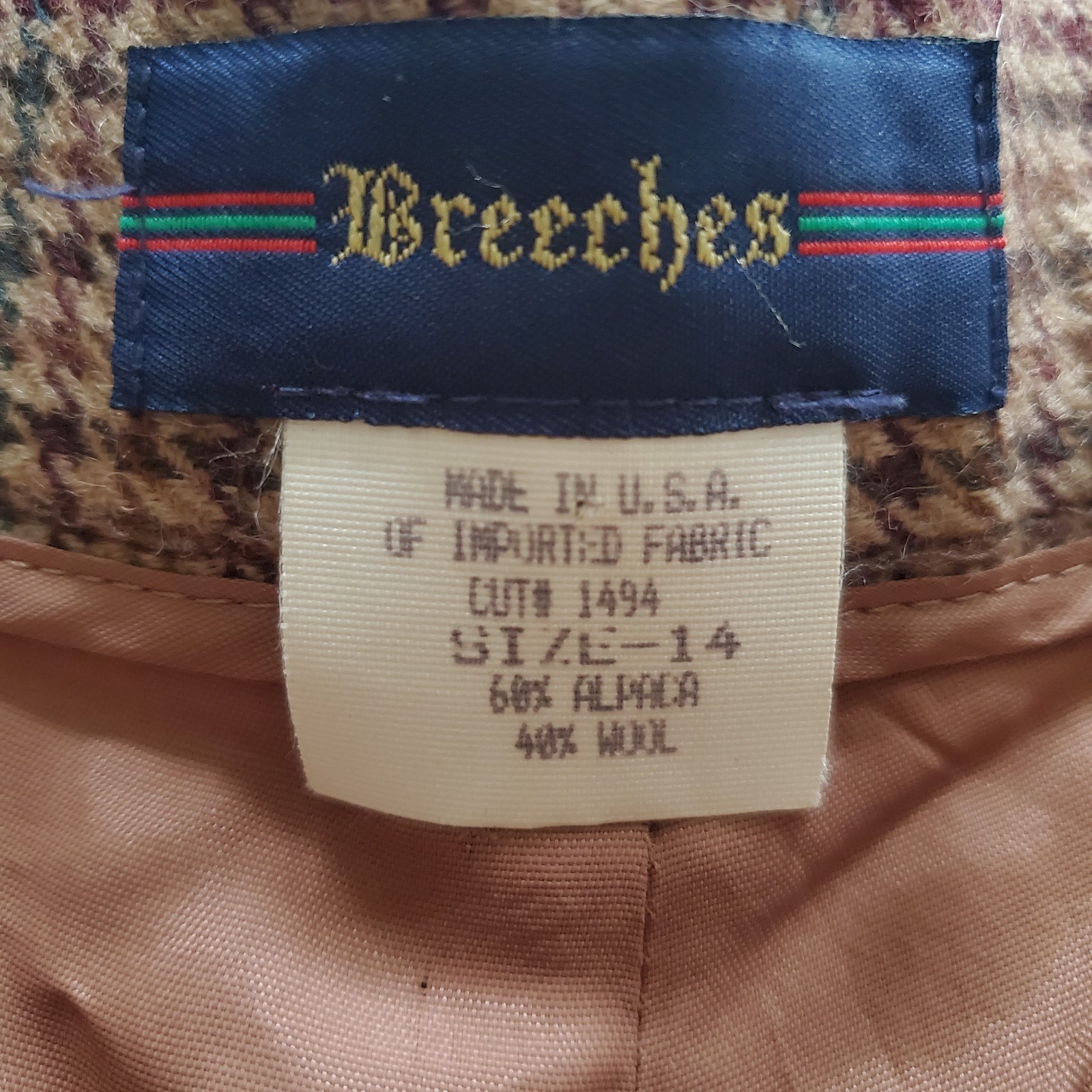 VINTAGE Breeches Brown Houndstooth Equestrian Alpaca Wool Pants Made In USA Size
