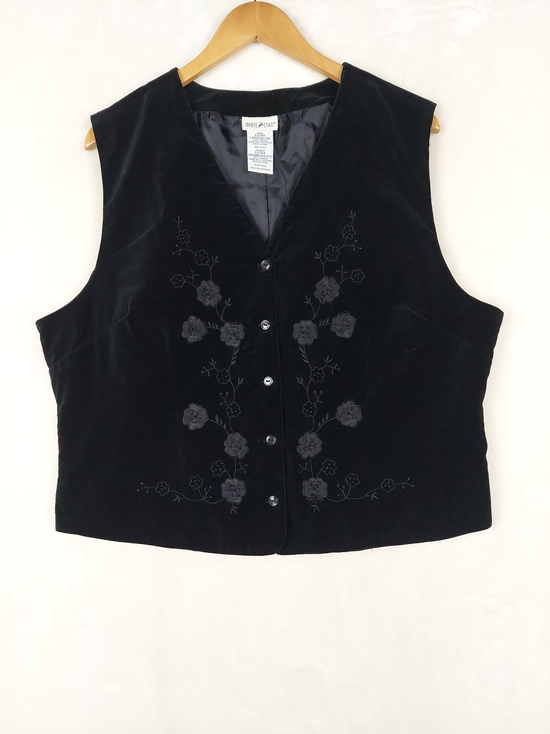 Vintage 80s Vest Womens XLarge 16/18 Black Velvet Floral Embroidery Whimsigoth