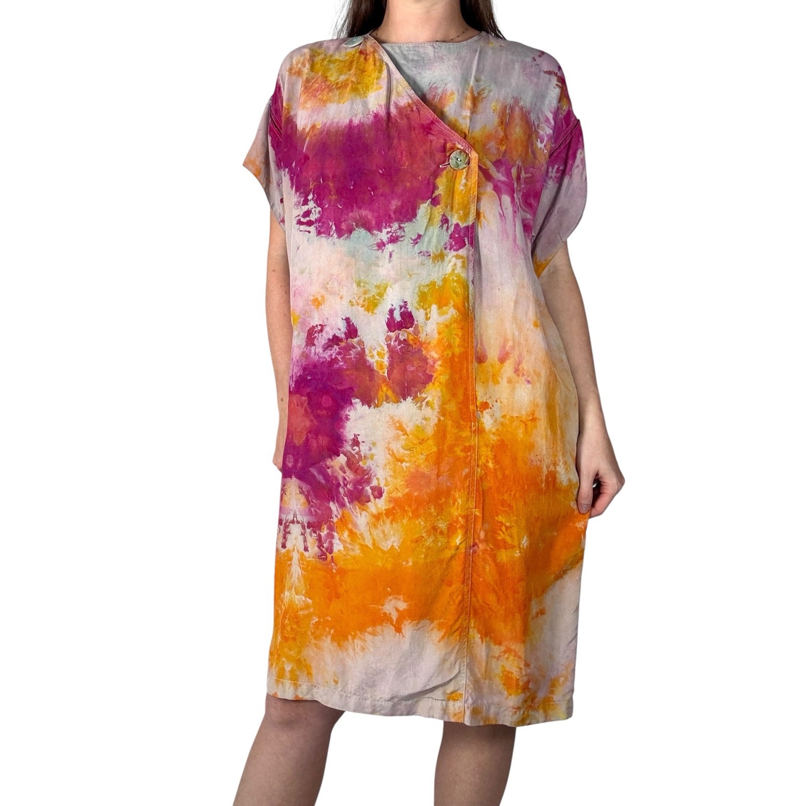 Hand Dyed Vintage 80s Lzinga Silk Shift Dress Orange Magenta Ice Dye Wood Button
