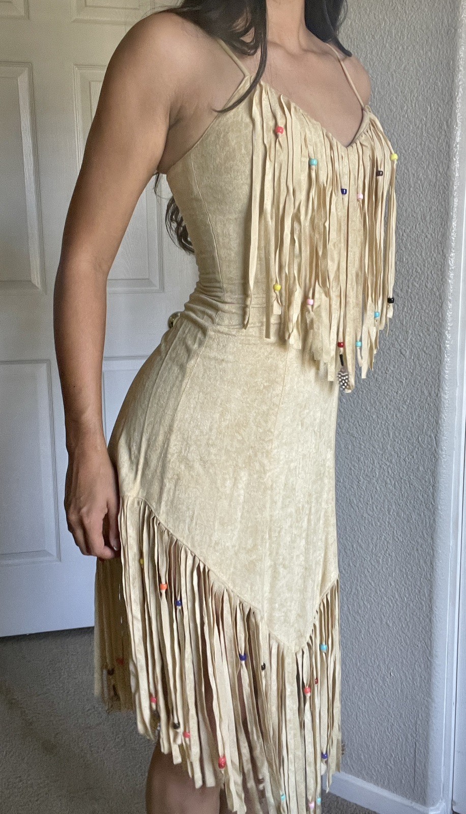 Vintage 1970s Faux Suede Beaded Feathers Fringe Scarf Hem Boho Hippie Dress