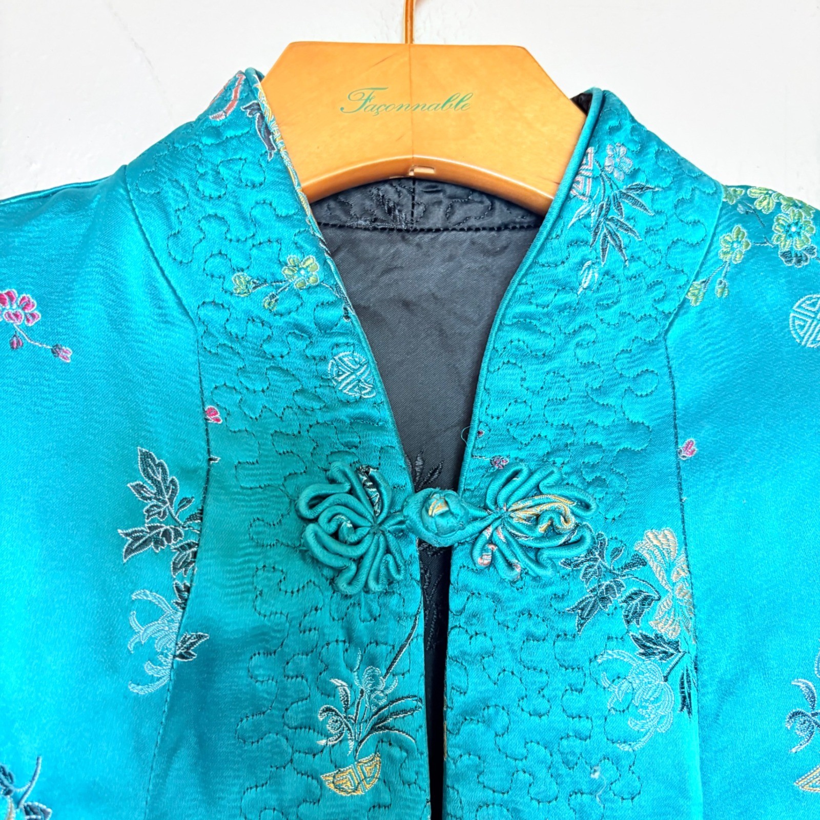 Vintage Reversible Satin Chinese Jacket Teal Black Embroidered Frog Buttons