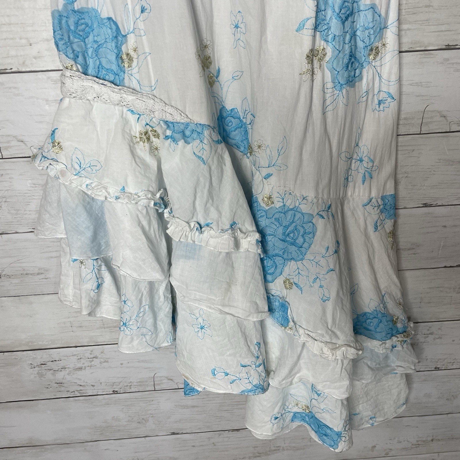Vintage Griffin Paris Cottagecore Midi Dress Blue Floral Ruffle Hem Lace-Up Bust