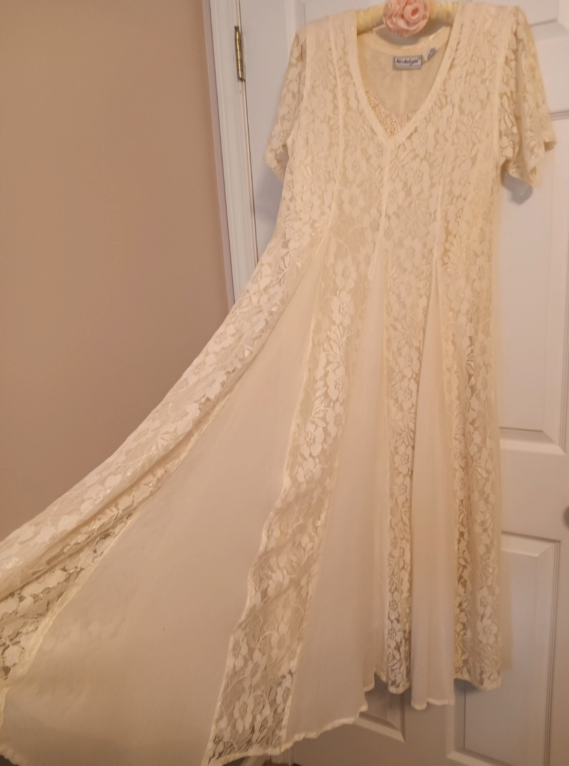 VTG Nostalgia dress maxi ivory rayon overlay lace WIDE inserts s/s COTTAGECORE S