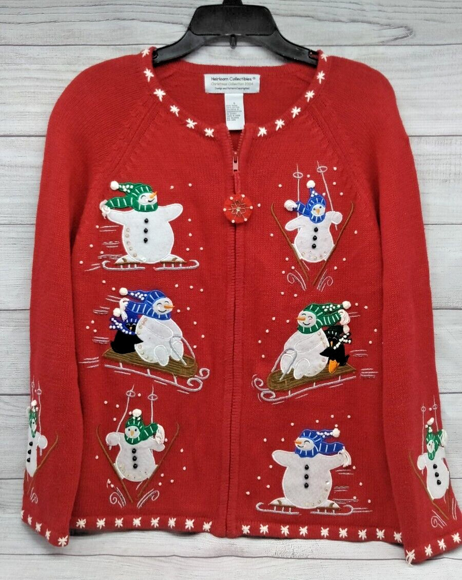 VTG 2004 Heirloom Collectables Christmas Winter Sweater Red Full Zip Size Small