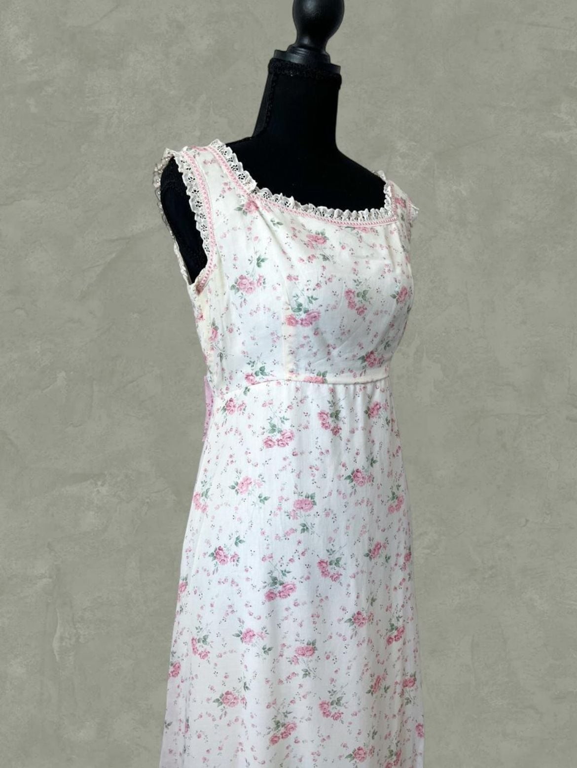 Sylvia Ann Vintage 1970s Floral Prairie Maxi Dress with Ruffles and Bow Back