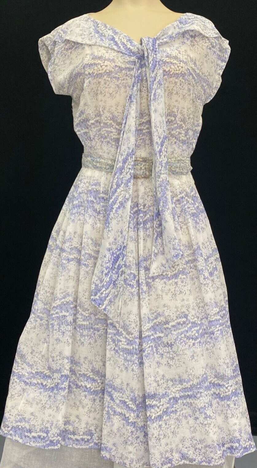 Vintage 1950s white blue floral dress cotton summer sheer fit flare midi S M