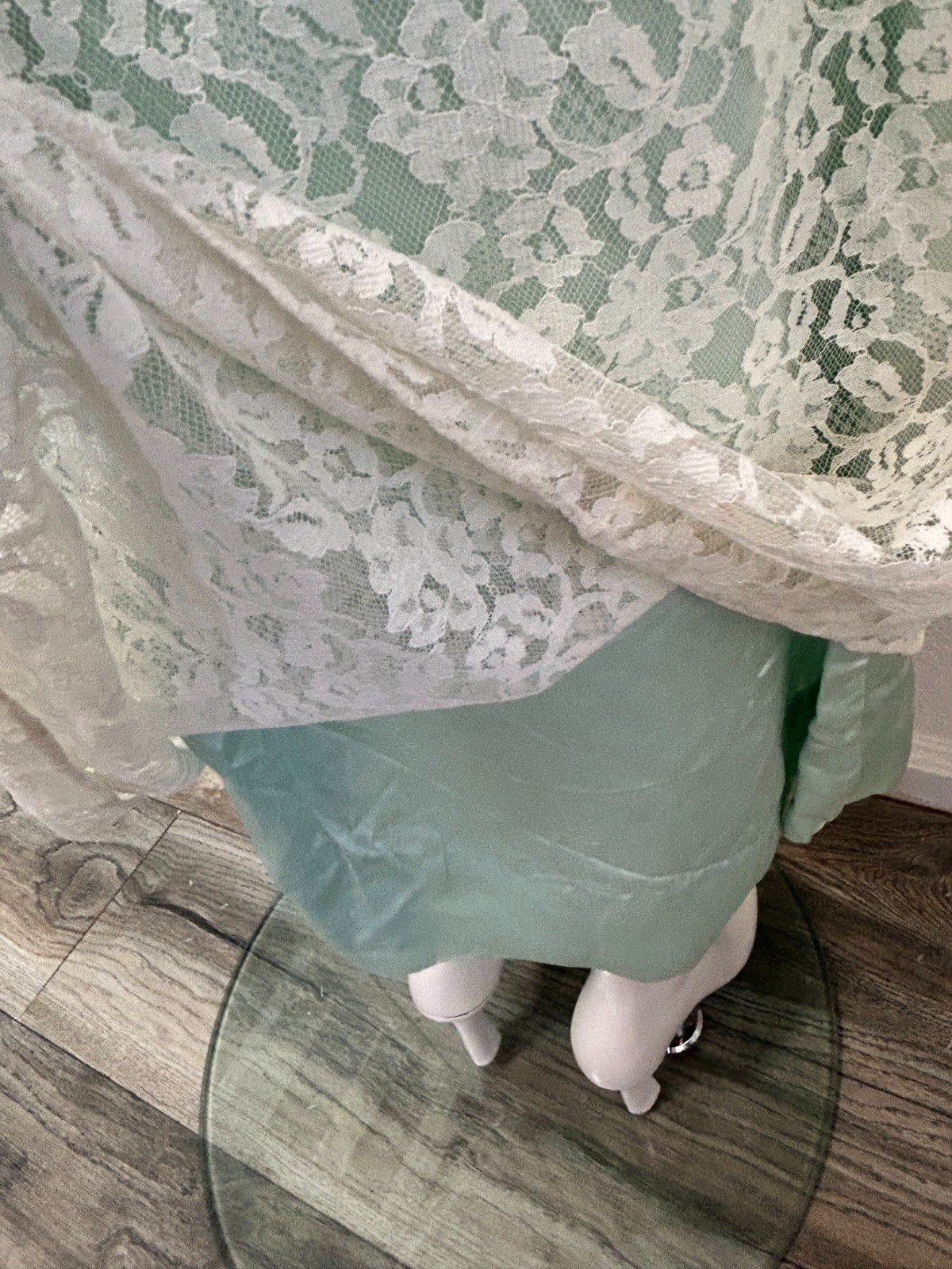 50s Lace Column Dress Size S Aqua Ruffle Sleeveless Lined Ruffle Empire Vintage