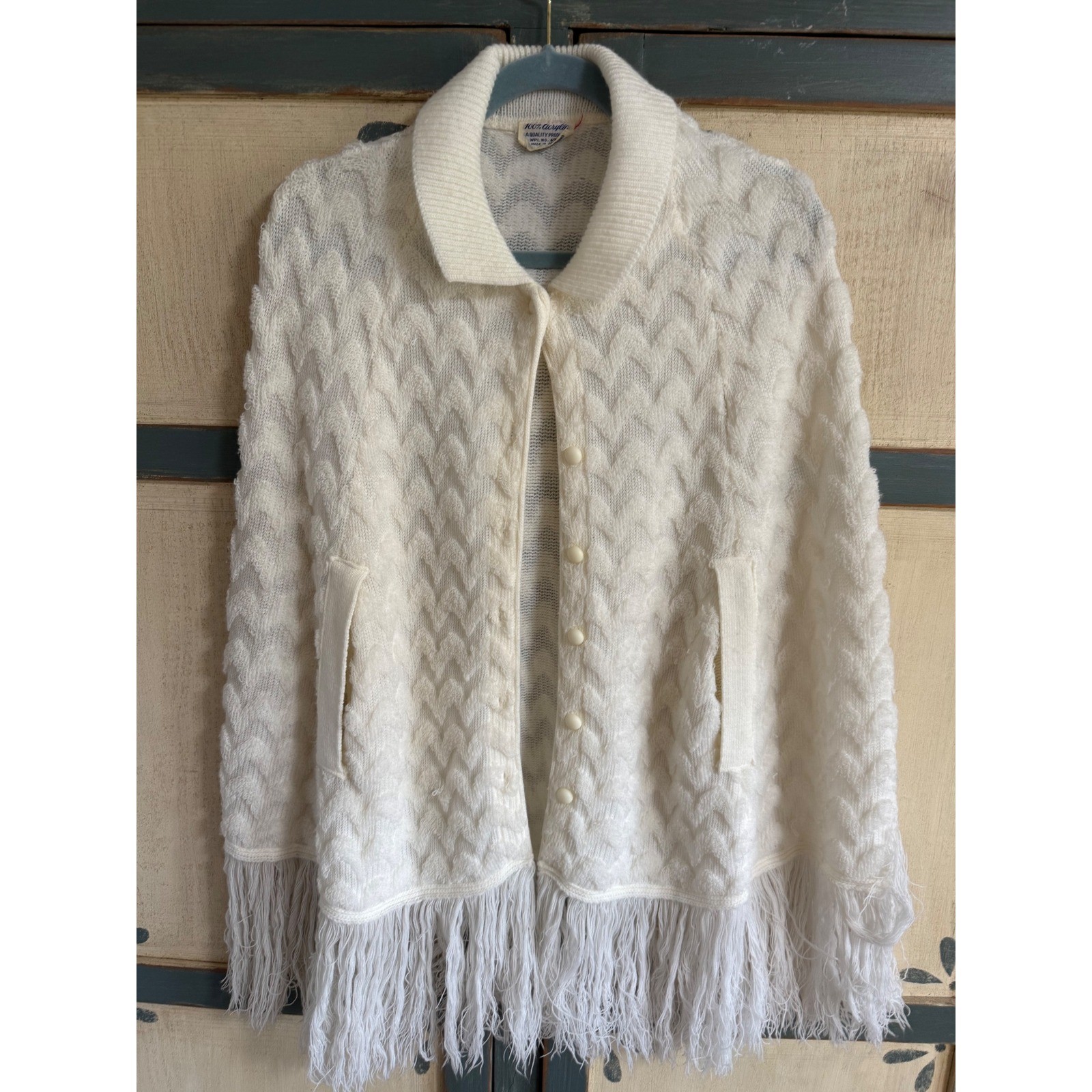 Vintage Cream Knit Fringe Cape Button Front Textured Chevron Made in Japan Boho
