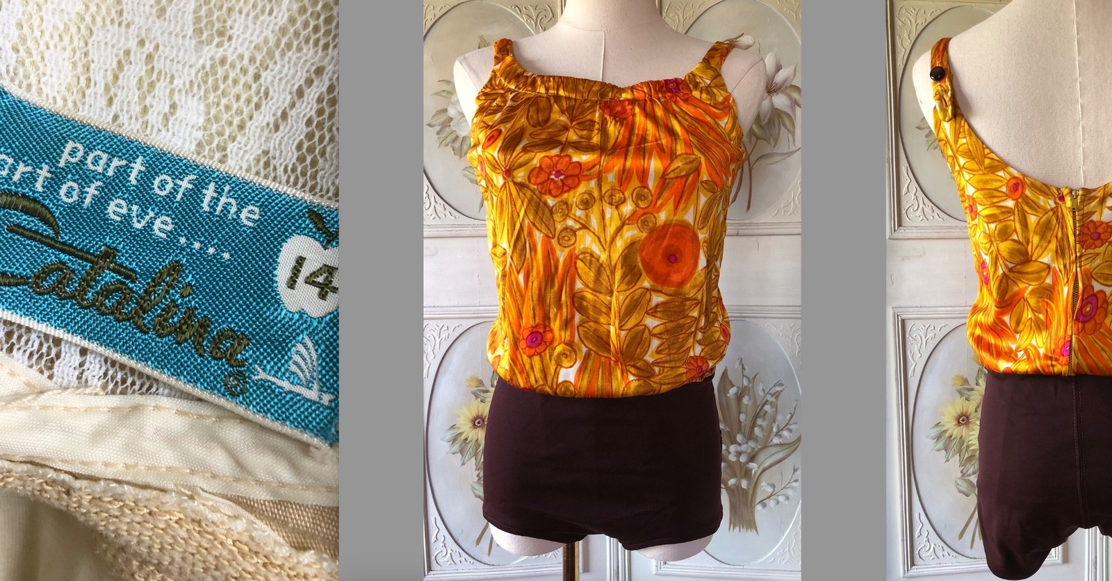 VTG 60s CATALINA CALIFORNIA USA TIKI YELLOW BROWN SWIM BATHING SUIT 1-PIECE 14