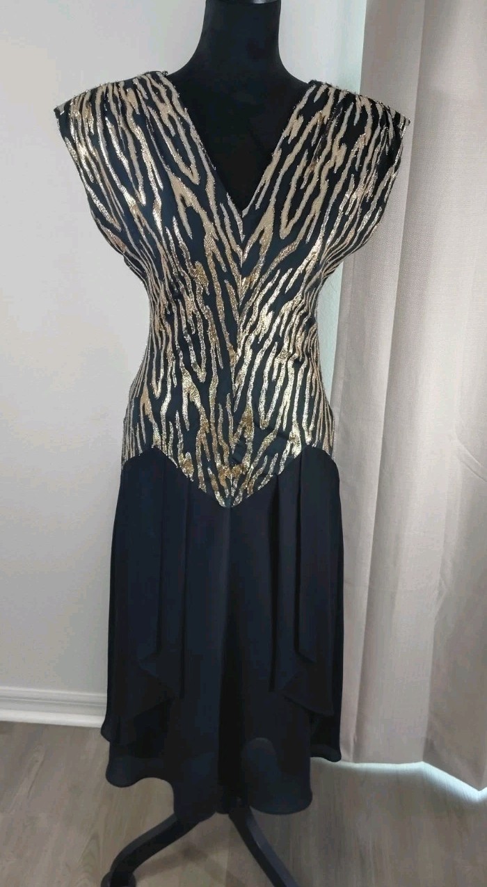« VTG 1980s John Roberts Dress Gold Metallic Lurex Zebra Stripe Chiffon Drop…