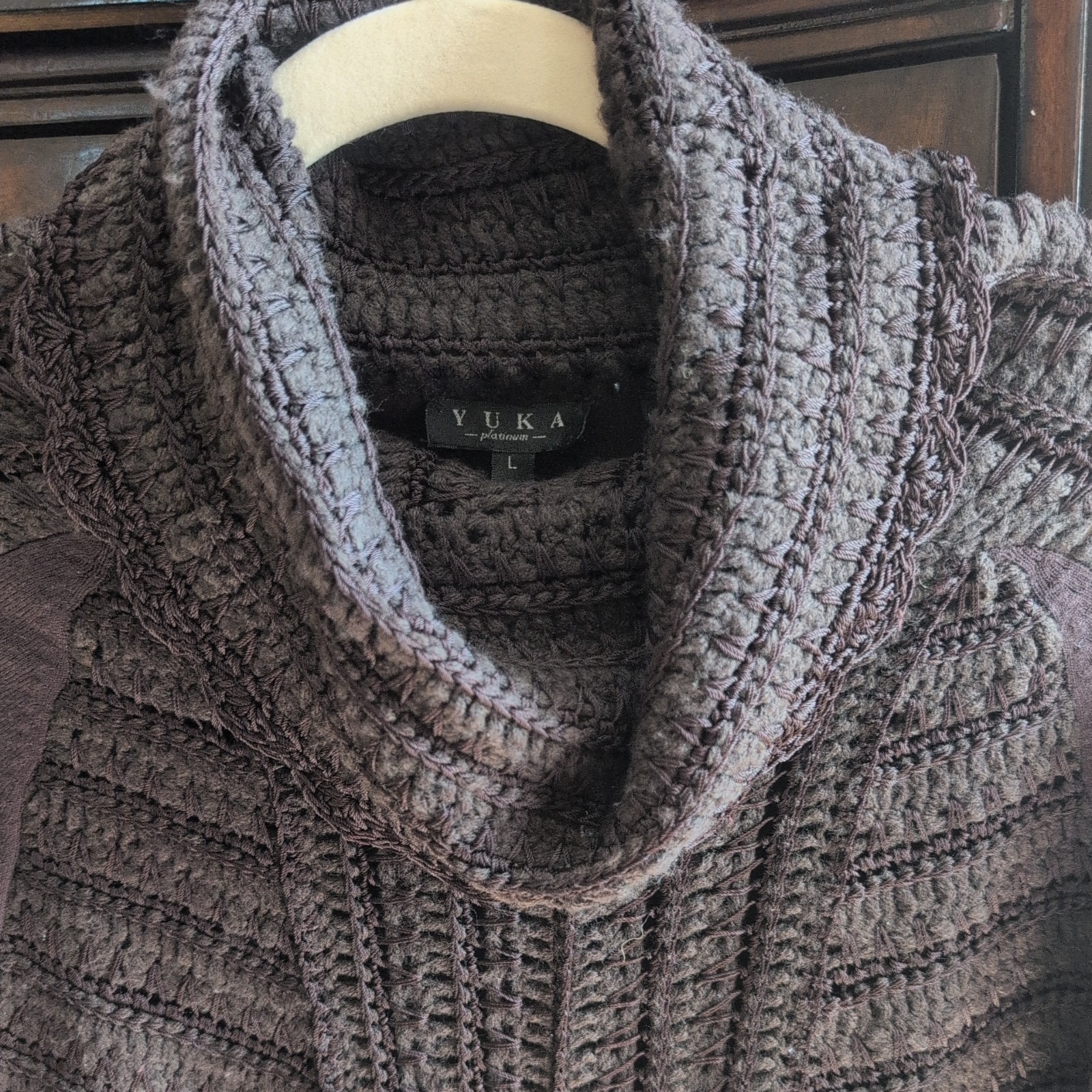Brown Crochet Open Knit Turtleneck Pullover Sweater , Fall/ Spring, Winter