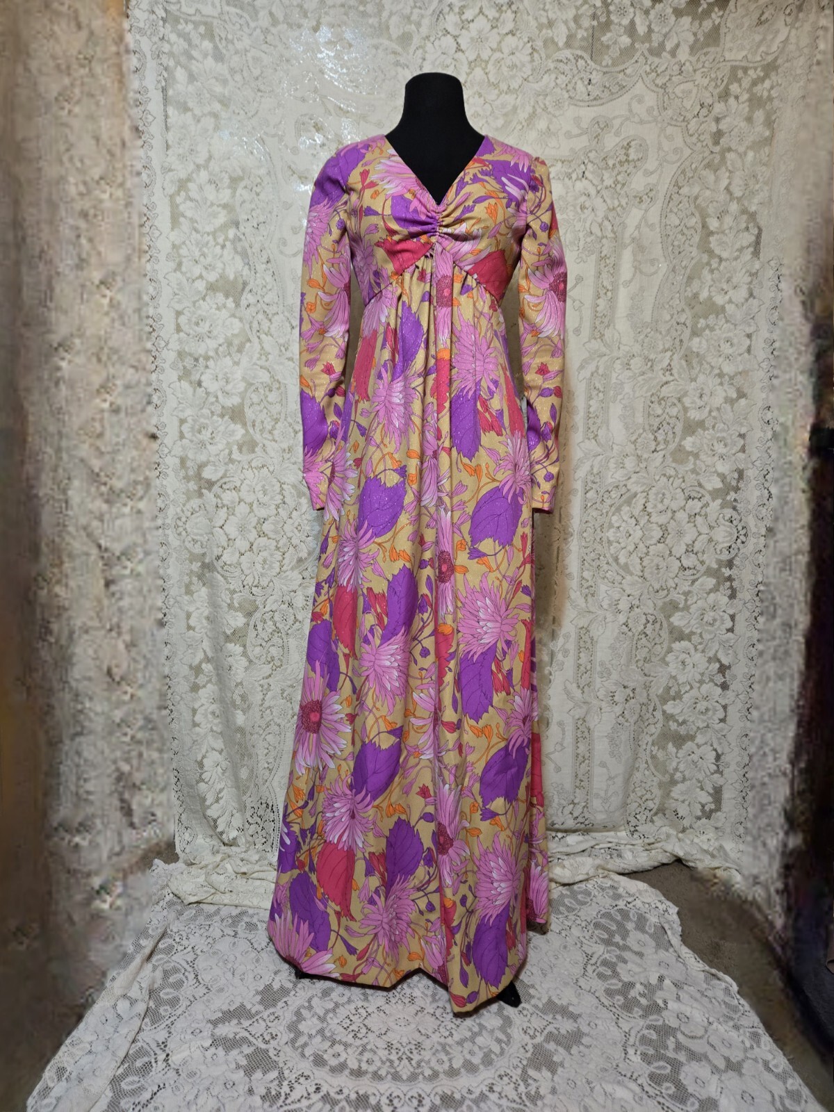 Vintage Empire Waist Gold Pink Purple Lamé Matalic Floral Hostess Maxi Dress