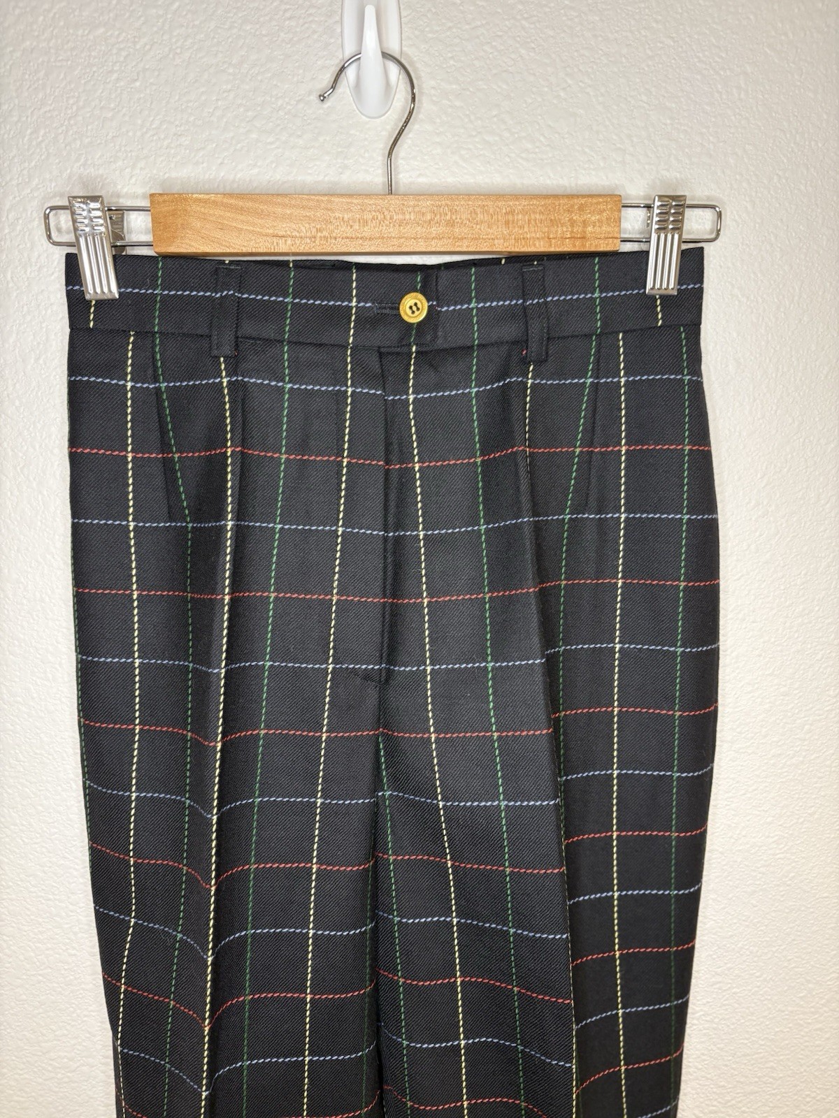 Vtg Mondi Black Plaid Wool Pants 25 Waist Gold Button Made in Germany 80s 90s