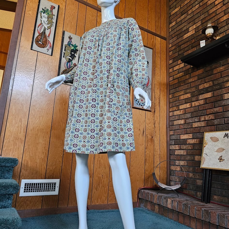 Vtg 60s Hippie Folk Floral Homespun Prairie Tent Peasant Sack Babydoll Dress S/M