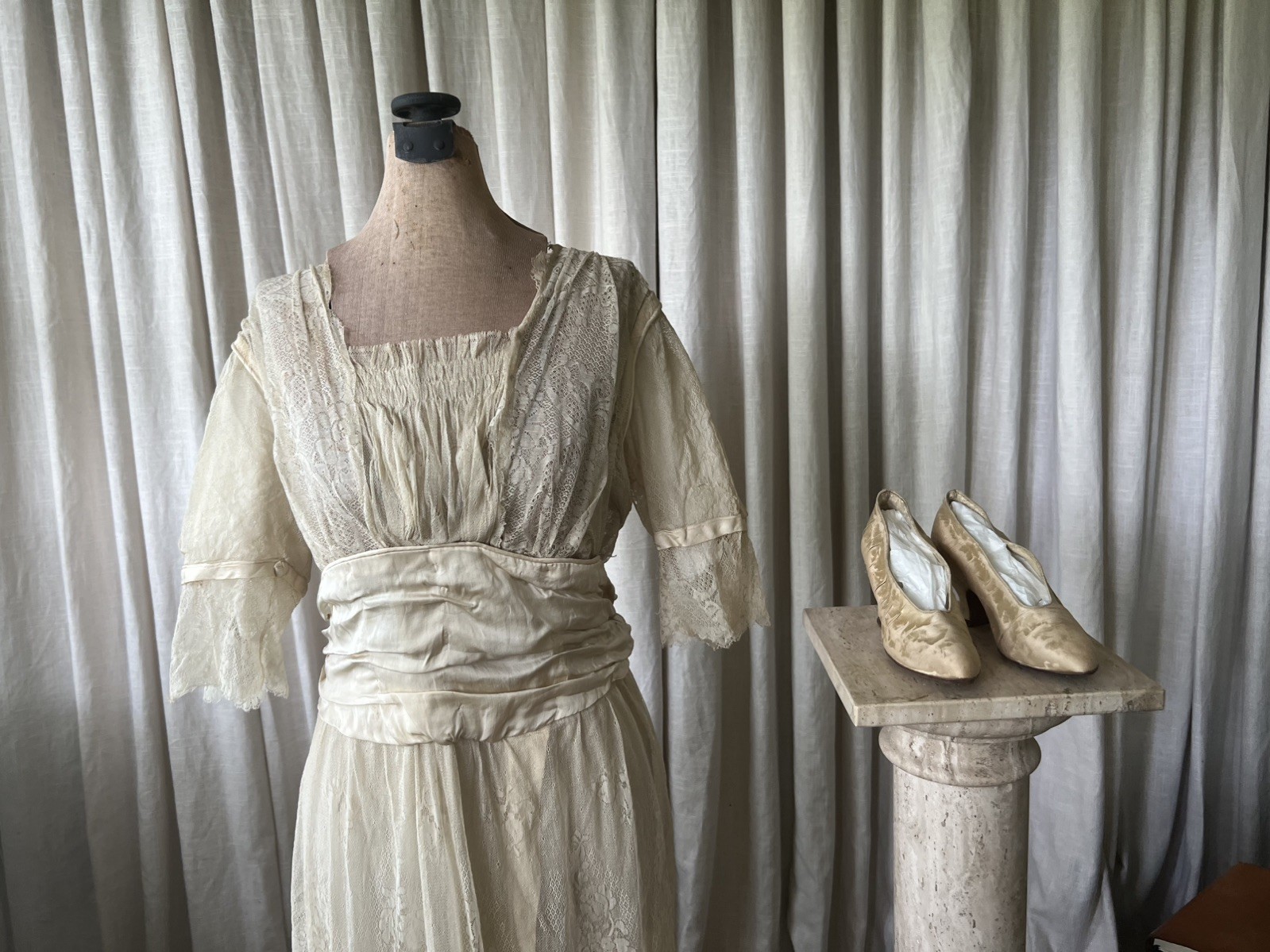 Stunning Antique Edwardian Silk Lace Wedding Dress with Original Shoes