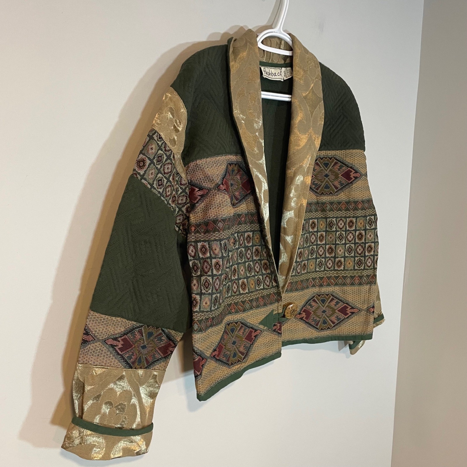 Flashback Vintage Tapestry Patchwork Jacket Green Gold Boho Art To Wear Medium