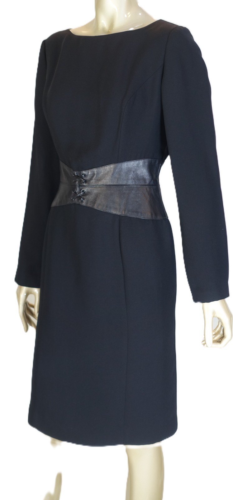 VTG SHANI~MINT!!~1990s BLACK SHEATH LONG SLEEVE DRESS LAMB SKIN WAIST SZ:8