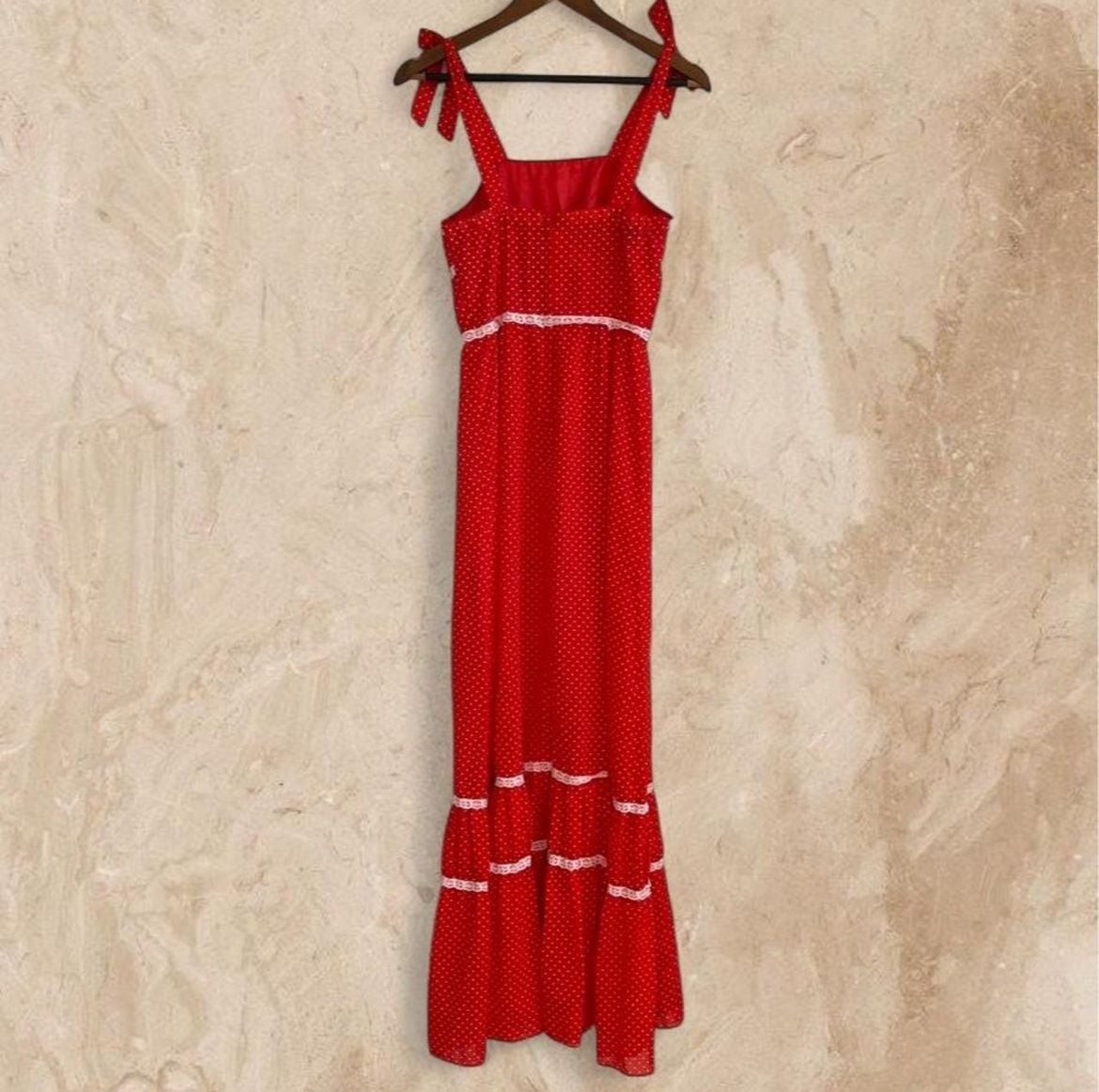 Vintage 1970s Red Polka Dot Maxi Prairie Dress with Lace Trim