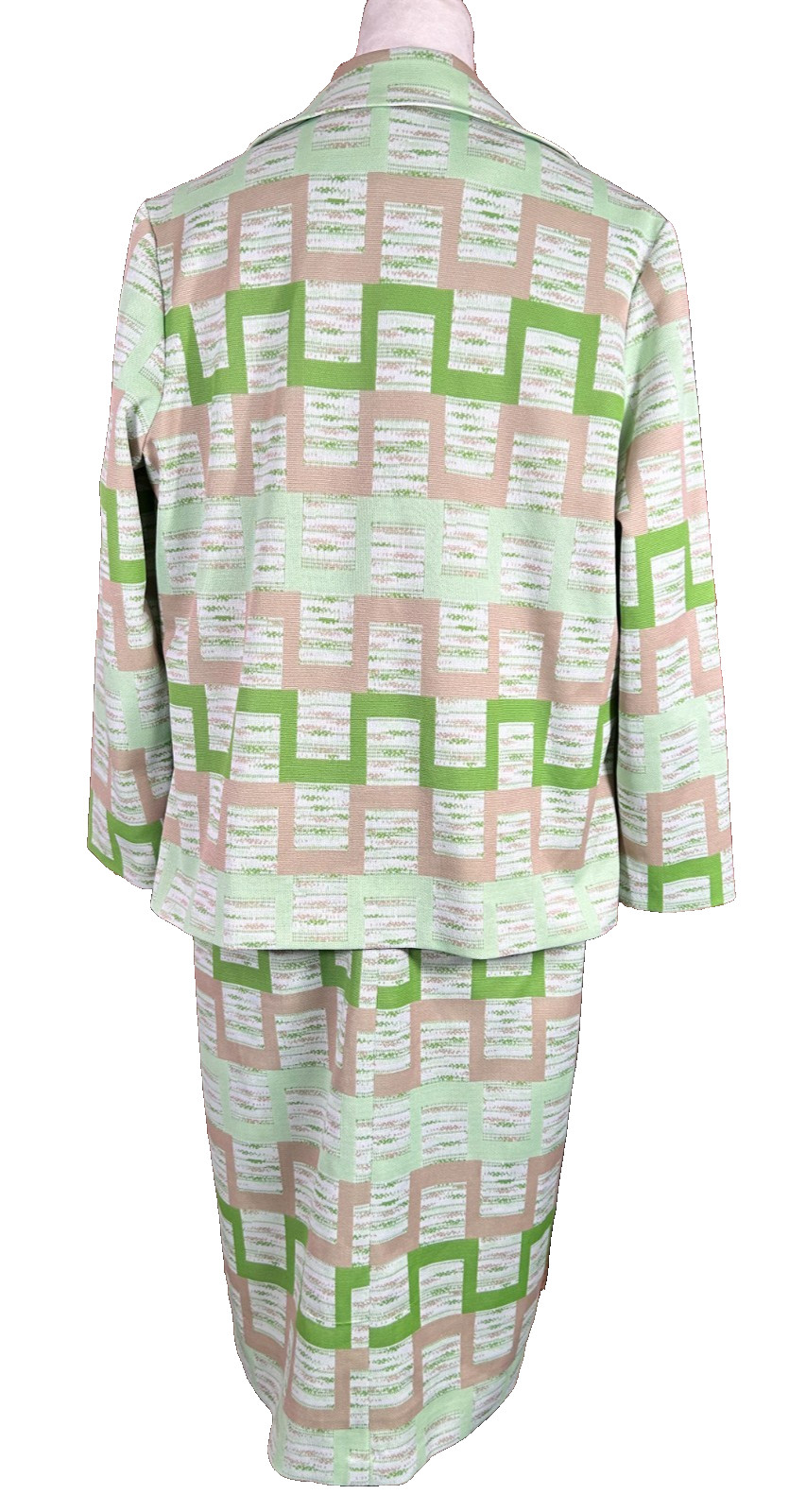 Vtg 70s Handmade Geometric Matching 2-Pc Knit Dress Jacket Dagger Secretary Suit