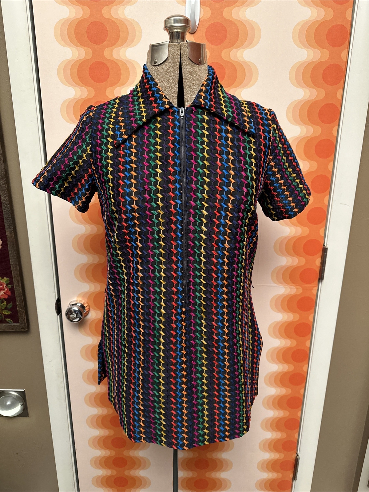 70s Knit Black rainbow Micro Mini Tunic Stockton Label
