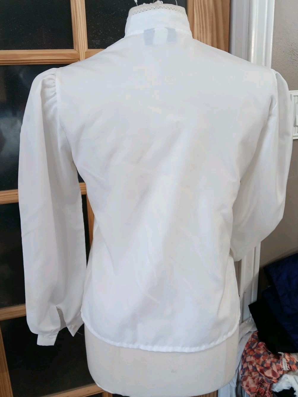 Vtg Blouse High Neck Ruffle Front White Sz M Poet Lace Trim Union Label Jabot