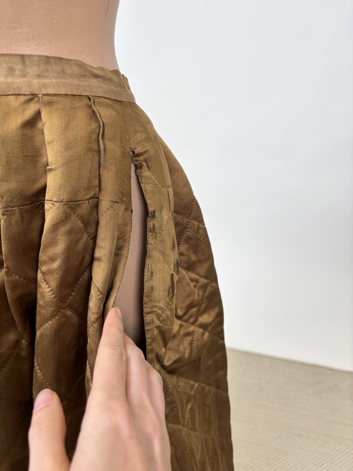 Antique 1890s Victorian Copper Brown Silk Quilted Winter Skirt Pioneerwear AS IS