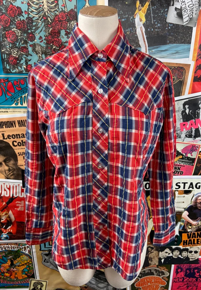 Vintage 70s Red Blue Plaid Miss Holly Western Rockabilly Blouse Cowgirl Women S