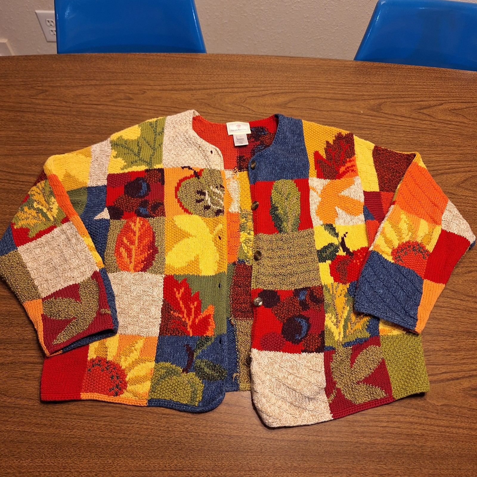1990s Susan Bristol Patchwork Fall Apples Leaves Sunflower Rainbow Cardigan XL
