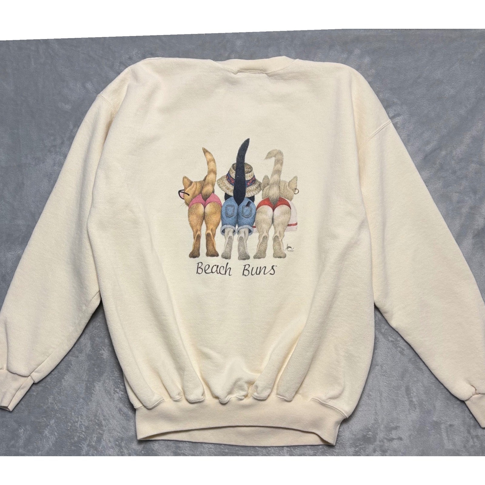 Vintage 1996 Bob Harrison Beach Bums Cats Sweatshirt XXL Newport Beach USA Cream