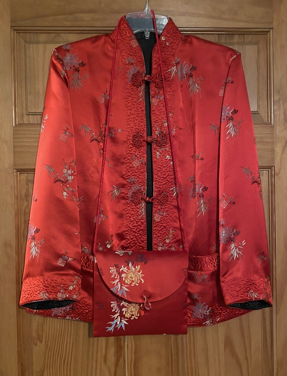 Vintage Chinese Silk Floral Red Black Jacket Reversible Peony Brand L with bag