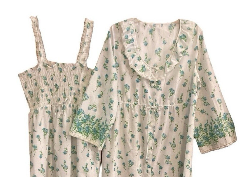 Vtg Cottagecore Prairie Baby Doll Lightweight Gown Robe Set L 38-40 Cotton SEARS
