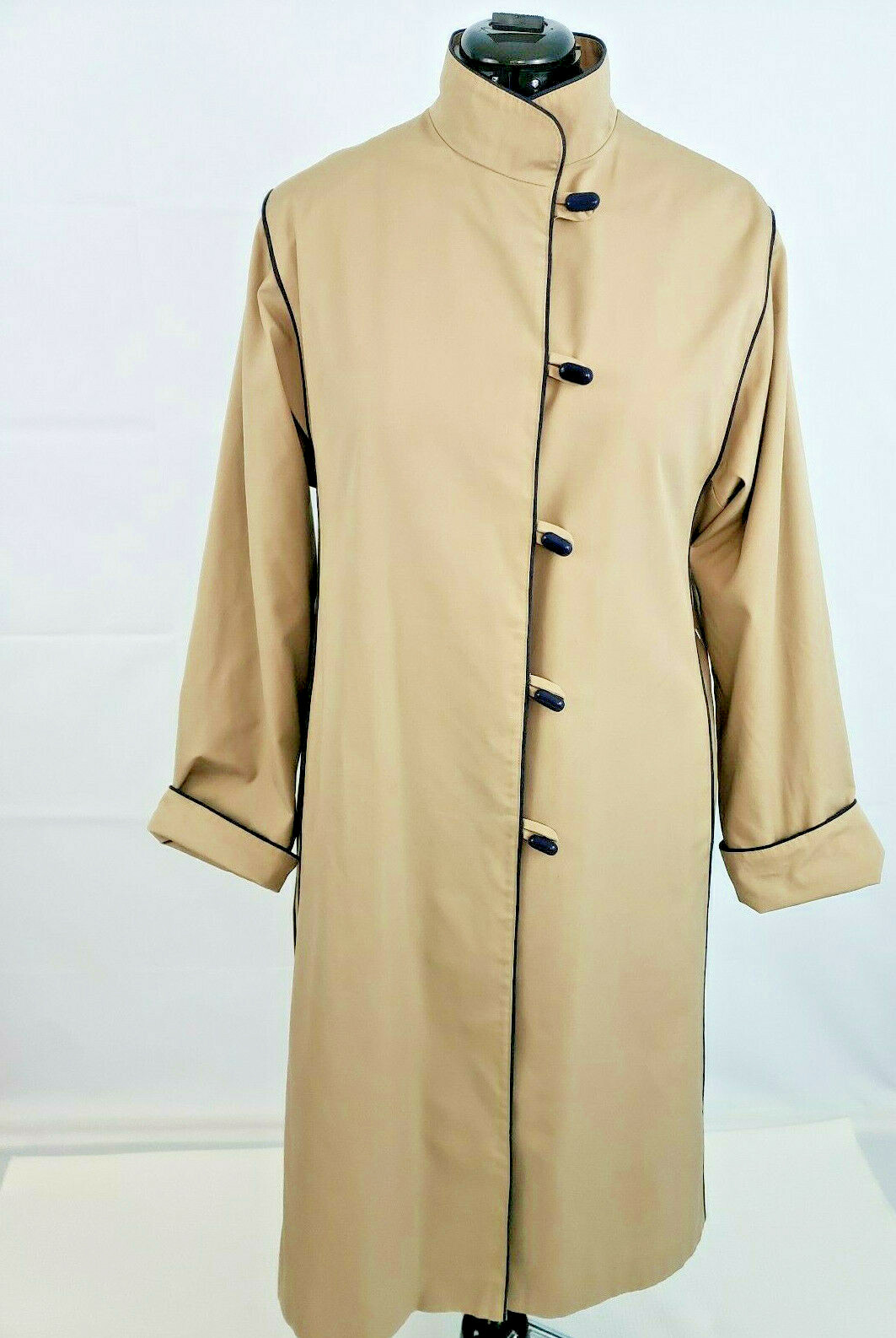 Vtg 1980s Sears Standing Collar Full Length Tan Belted Trench Coat size 18 L81