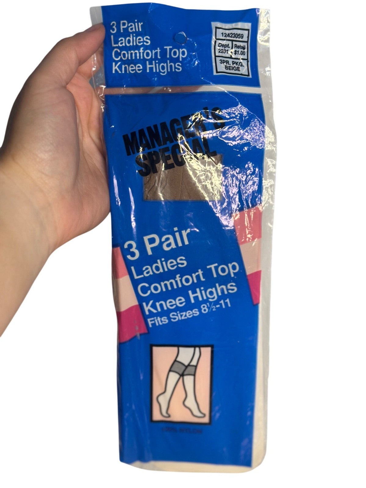 VTG NOS 3-Pack Ladies Comfort Top Knee Highs Size 8½–11 Beige Manager’s Special