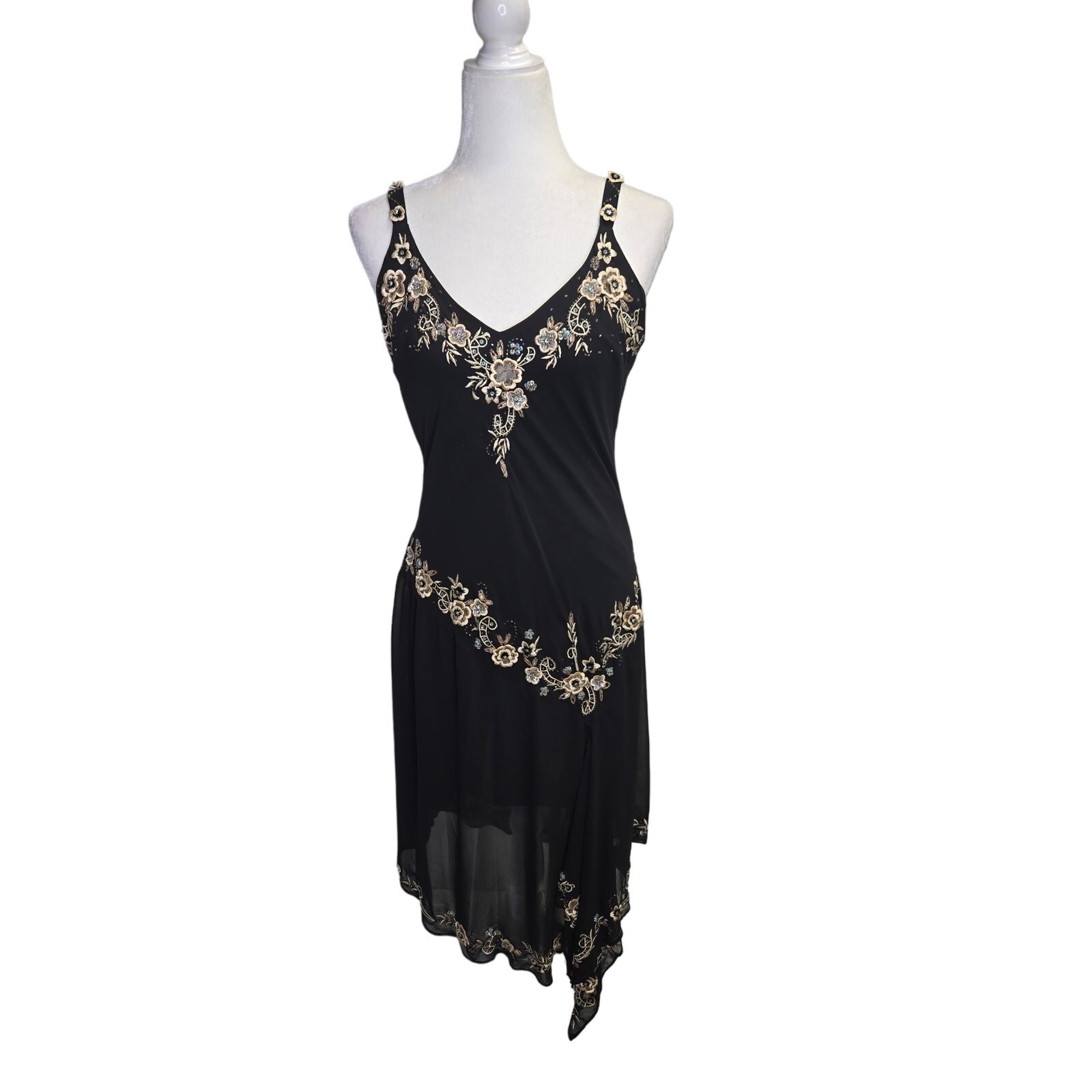 90&rsquo;s Y2K Vintage Black Midi Embroidered 3D floral Whimsey Goth fairy Vampy Dress