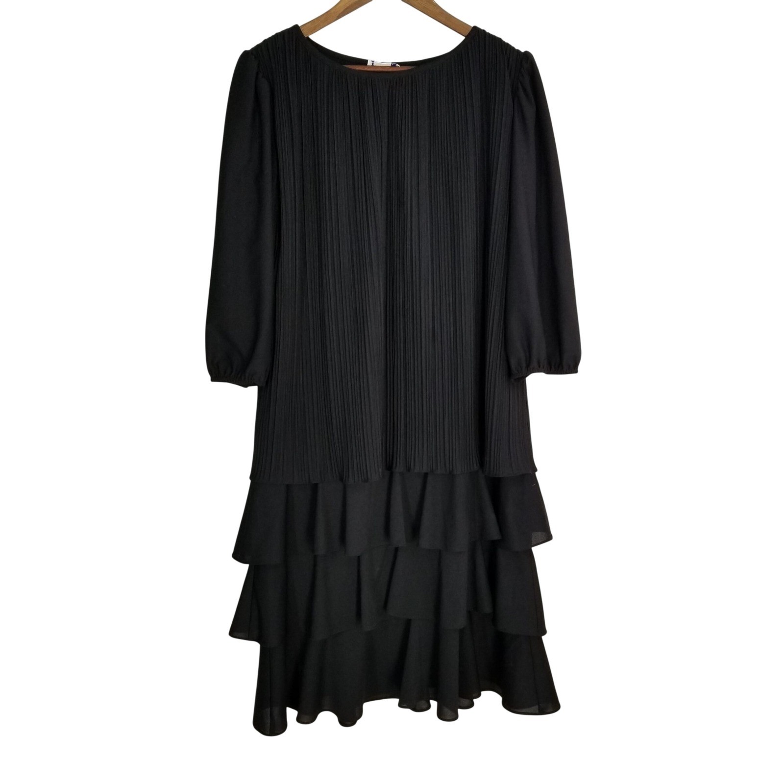 Good Times Vintage Black Pleated Tiered Ruffle Midi Dress 13/14 Made in USA