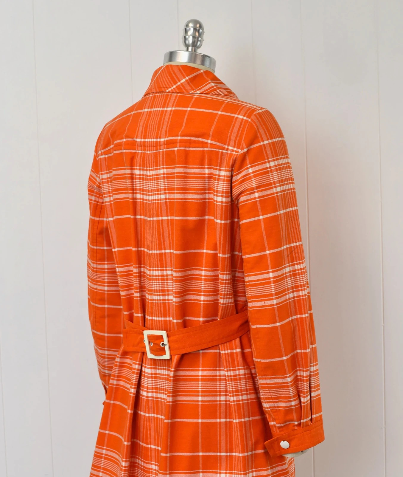 1970s Courreges Hyperbole Orange White Plaid Cotton Coat Jacket Dress