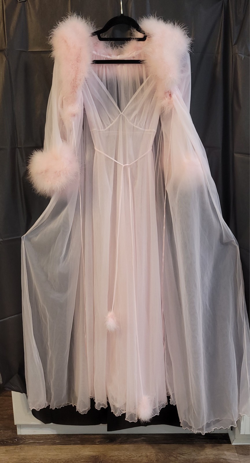 Vtg InTime 2 Layers Sheer Chiffon Lingerie gown Peignoir Robe S Pink Movie Star