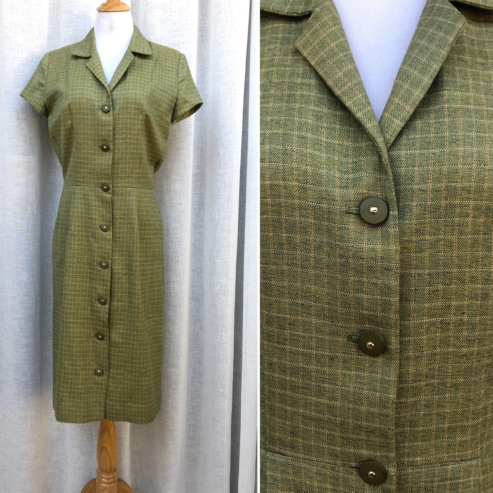 1940&rsquo;s moth green plaid short sleeve button down shirt work dress