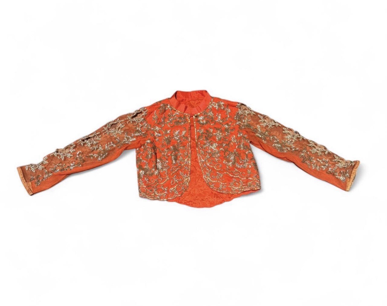 Vintage Beaded Embroidered Orange Bolero Silver Gold Details Sheer Long Sleeve