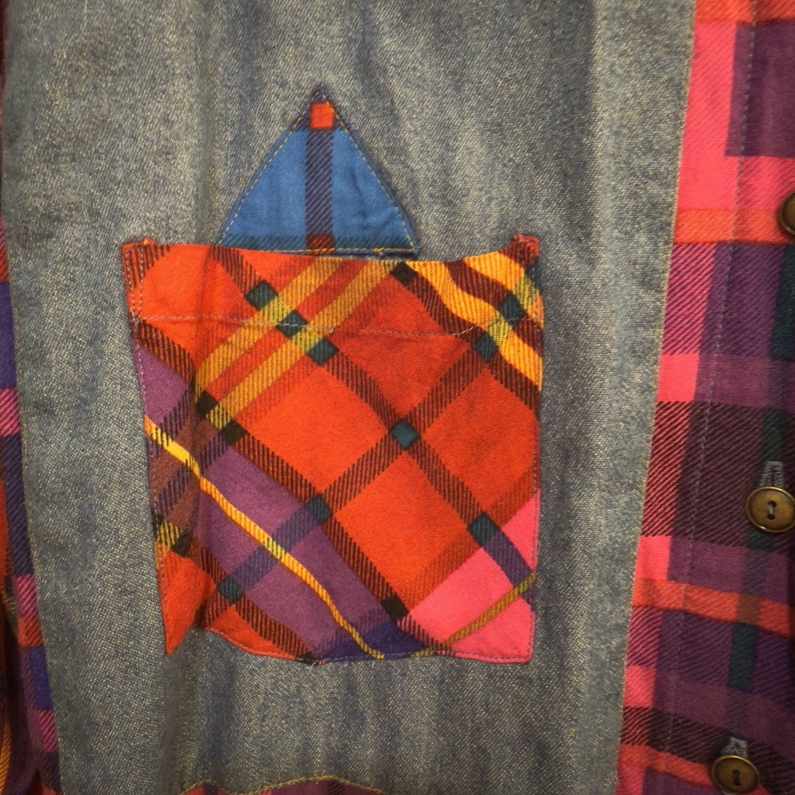 Carole Little Patchwork Shirt Plaid Chambray Button Up Tunic Small 6 Cottage Top