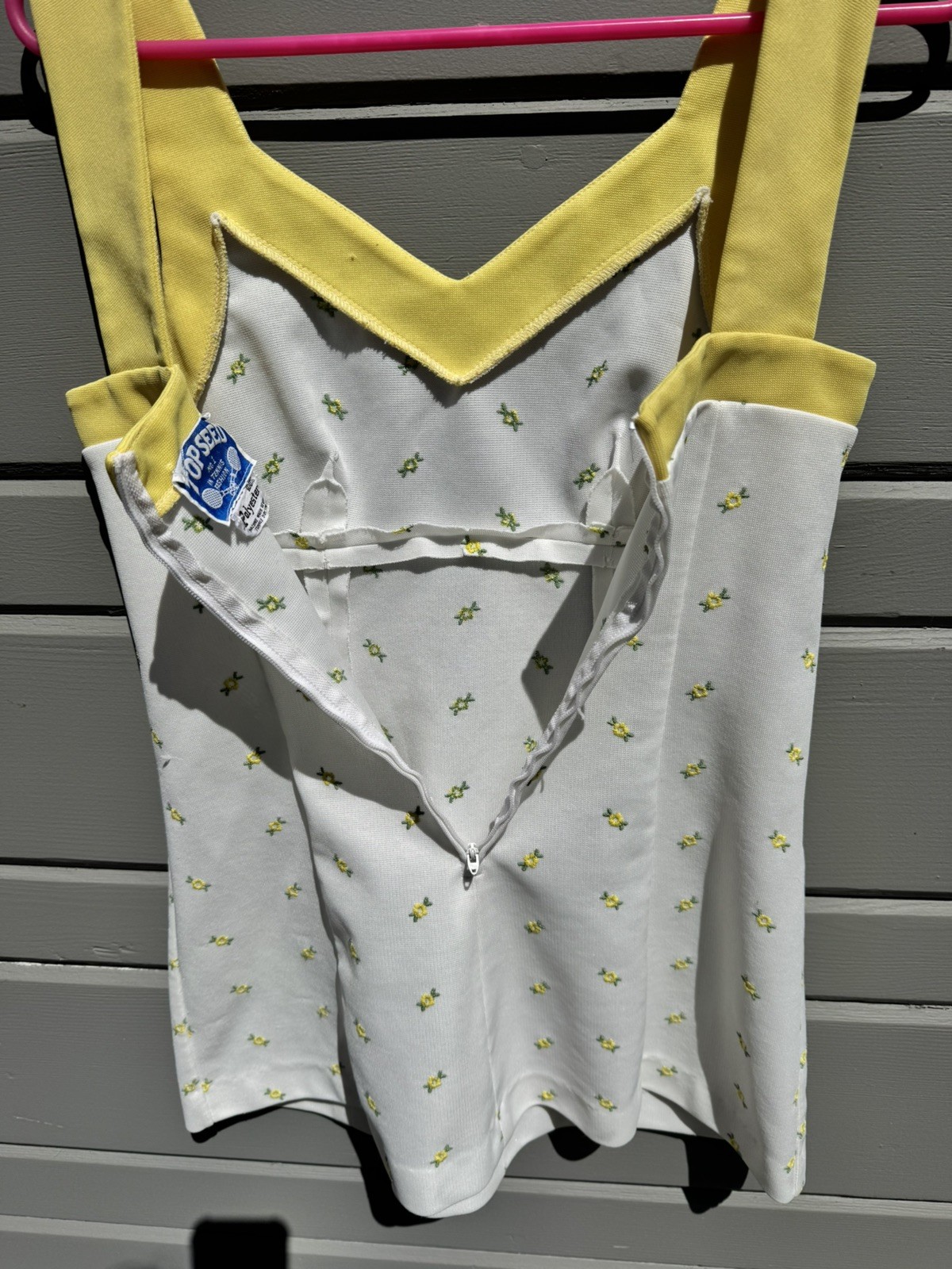 Vintage 1970s Top Seed Tennis Dress Yellow Floral Mini Mod Polyester XS 28&Prime; Bust