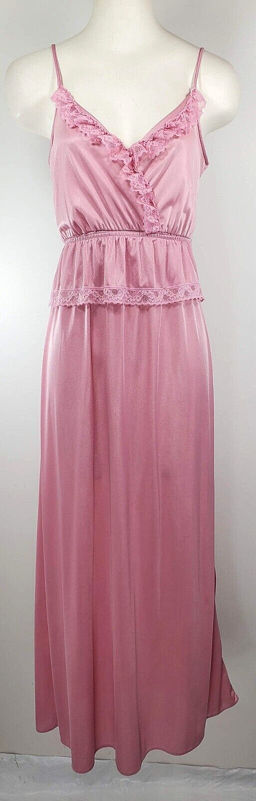 Vintage Texsheen Long Nightgown – Size S – Pink w/ Lace