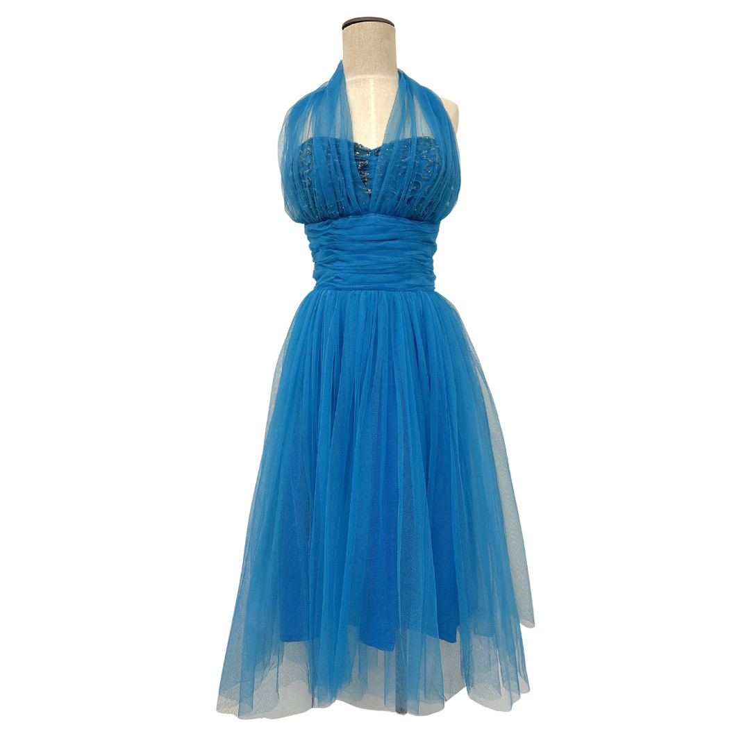 Vintage 1950s Blue Sequin Halter Tulle Cupcake Party Dress