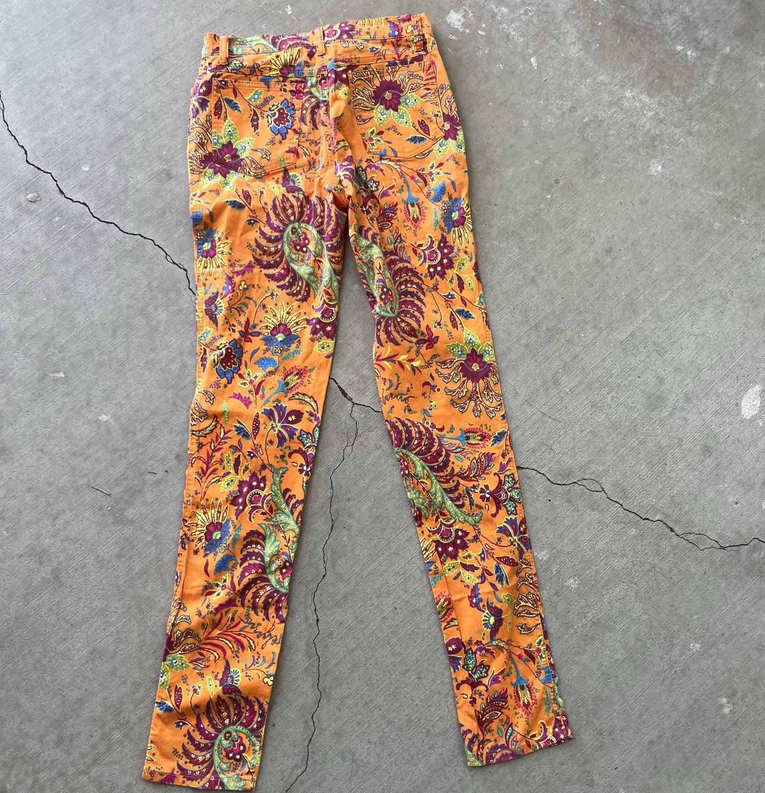 Moschino Donna Orange Paisley Pattern Pants. Sz 26&Prime; waist