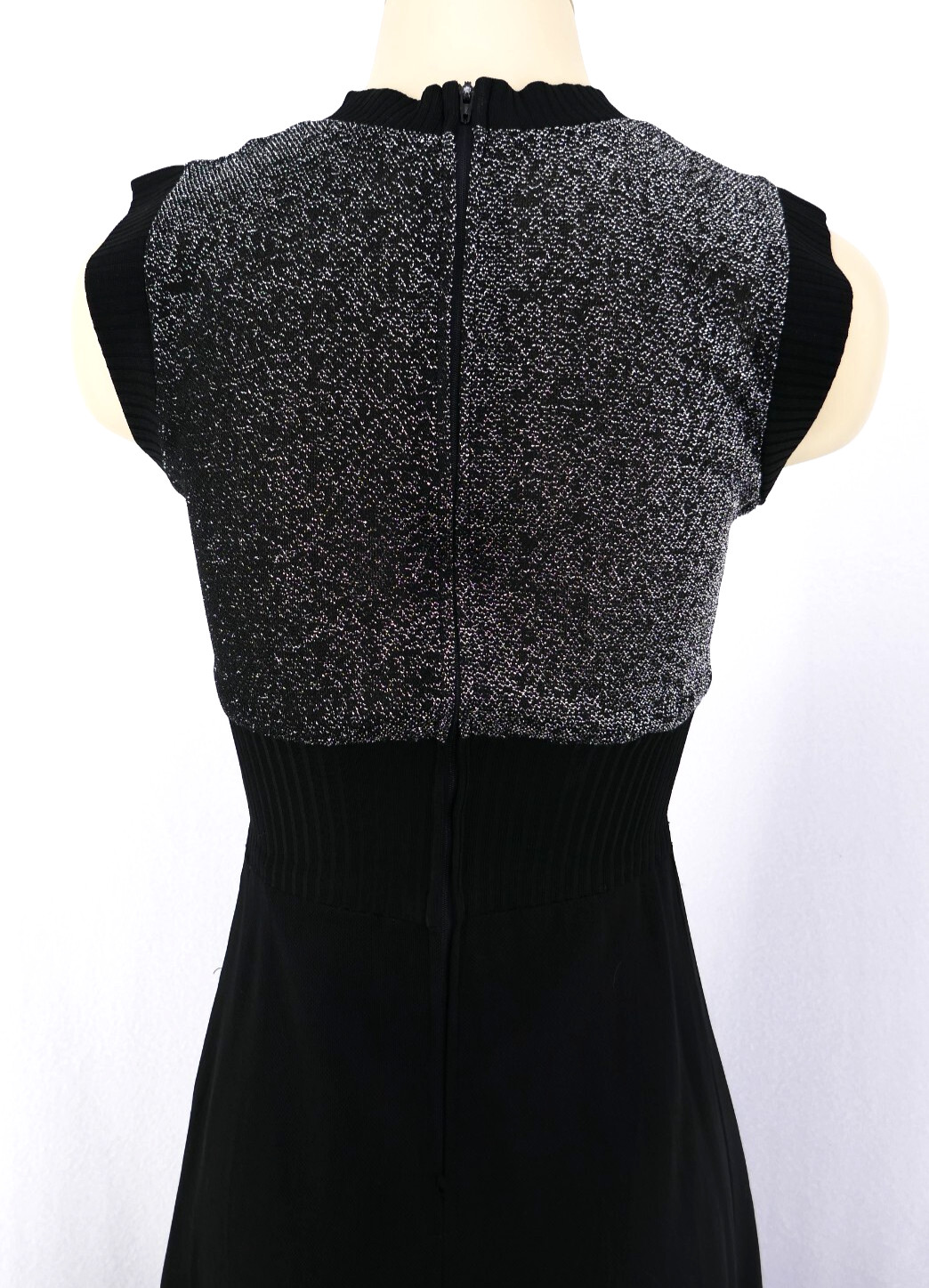 ViNTAGE 70s ATOMiC SiLVER METALLiC LUREX HiGH WAiST BLACK MAXi DRESS & JACKET S