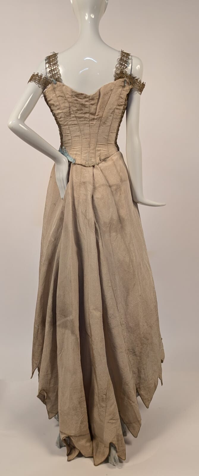 UNUSUAL VICTORIAN 1880’S SILK FAILLE + METALLIC GOLD BRAID BUSTLE DRESS