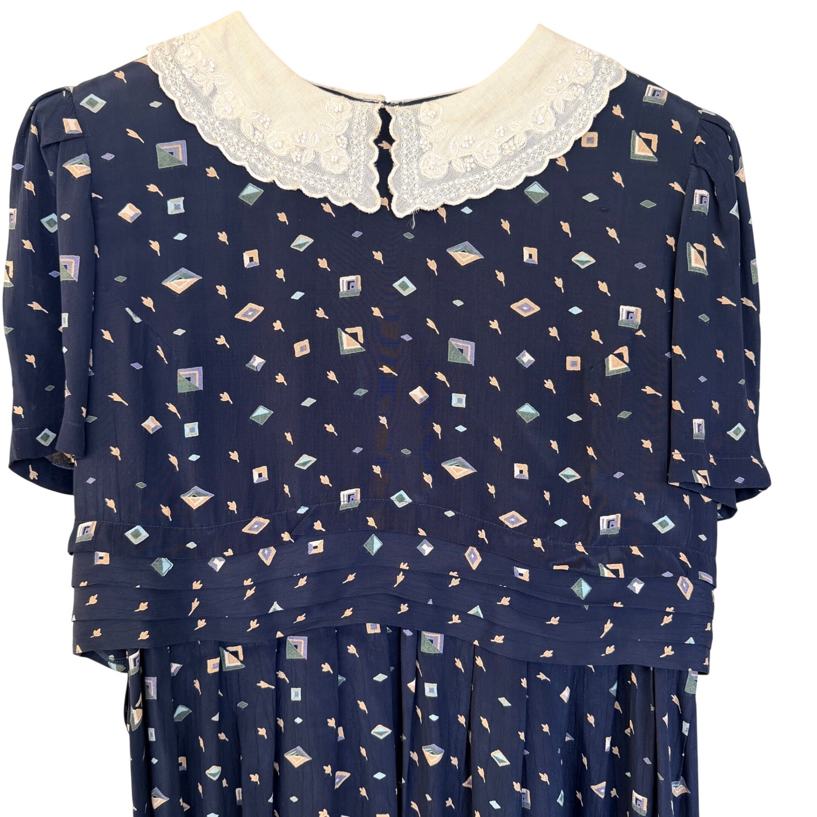 Karin Stevens Navy Blue Geometric Print Midi Dress Lace Collar Beaded Vintage 14