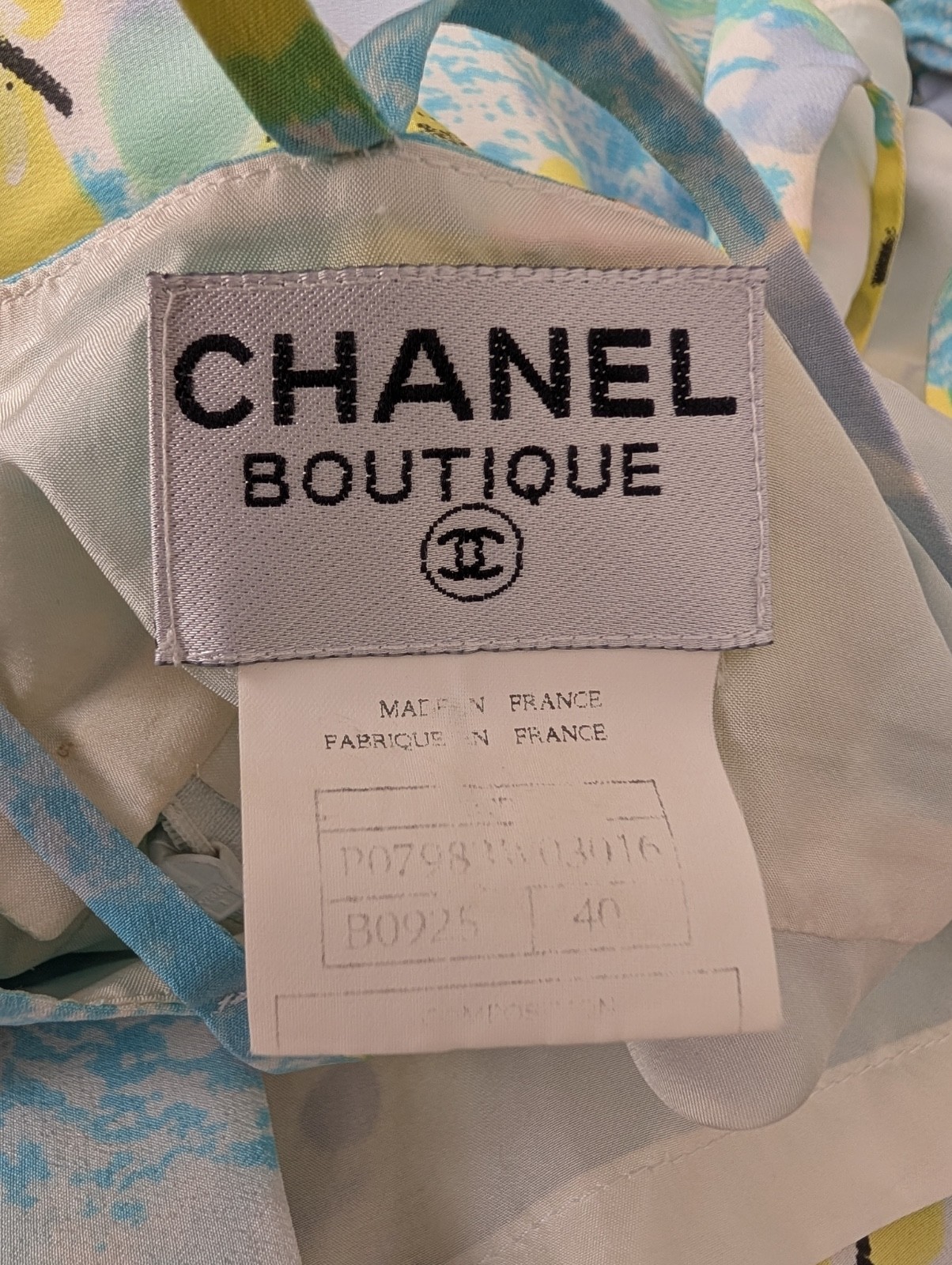 Chanel 1997 Confetti Fantasy Tweed Coat Blue Jacket Camellia Print Silk Dress 40